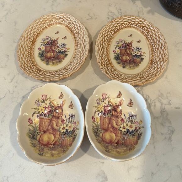 Cracker Barrel Easter Treasures Ceramic Plate & Bowl 2 Sets rabbit Flowers - Picture 1 of 8